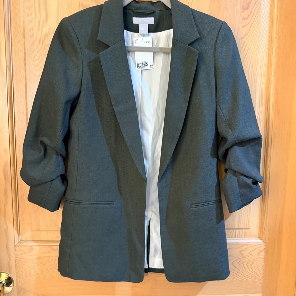 H&M Ruched Sleeve Blazer XS Dark Green Open Front Fall Office Academia Jacket